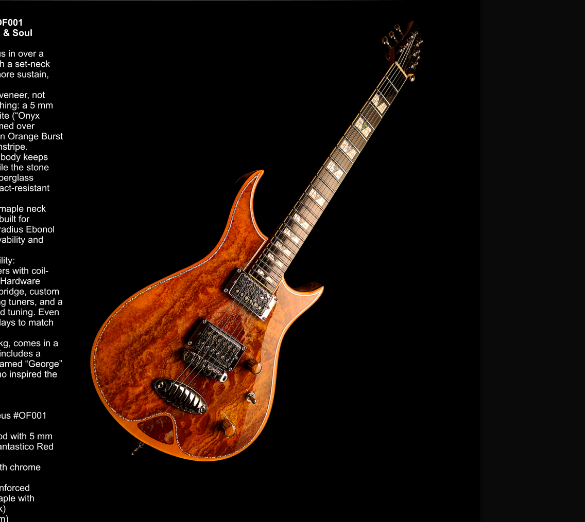 Zerberus Morpheus OF001 George custom electric guitar with genuine Onyx Fantastico stone top in Orange Burst finish