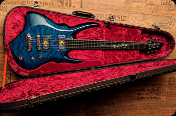 Zerberus Dragon custom electric guitar in Sapphire Blue finish inside deluxe hard case